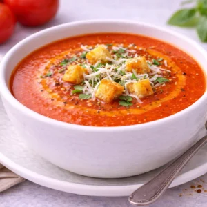 KRD Catering Damak Şefi tarafından hazırlanan domates çorbası, rendelenmiş kaşar peyniri ve kruton ile servis