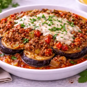 KRD Catering Damak Şefi tarafından hazırlanan patlıcan musakka, kıymalı harç ve domates sosu ile servis