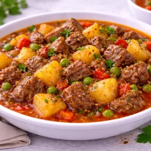 KRD Catering Damak Şefi tarafından hazırlanan etli sulu patates yemeği, domates soslu ve et parçalarıyla servis