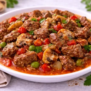 KRD Catering Damak Şefi tarafından hazırlanan mantarlı et sote, dana eti ve taze mantarlarla servis