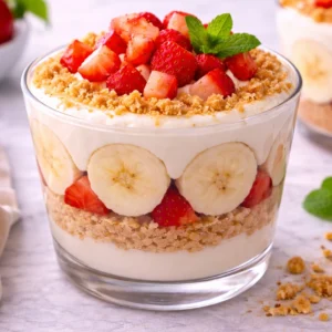 KRD Catering Damak Şefi tarafından hazırlanan magnolya tatlısı, taze çilek ve muz ile servis