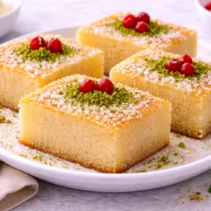 KRD Catering Damak Şefi tarafından hazırlanan irmik tatlısı, hindistan cevizi ve fıstık ile servis