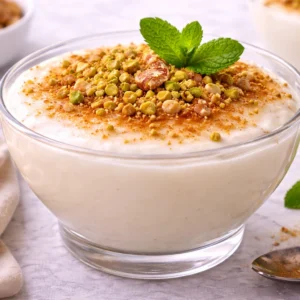 KRD Catering Damak Şefi tarafından hazırlanan muhallebi, fıstık ve tarçın ile servis