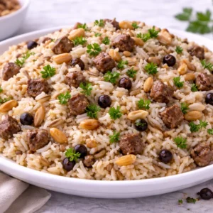 KRD Catering Damak Şefi tarafından hazırlanan iç pilav, dolmalık fıstık ve kuş üzümü ile servis